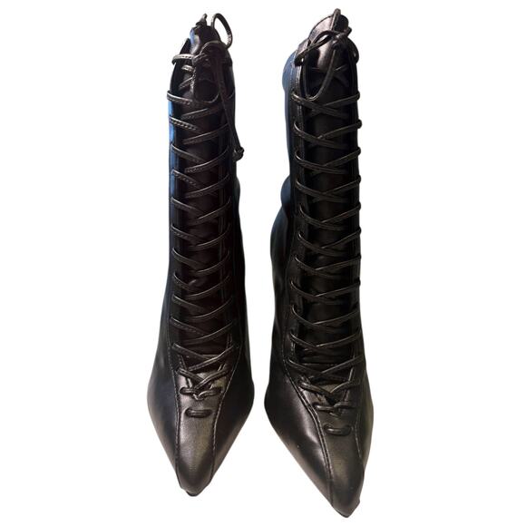Schutz Black Nappa Leather Lace-Up Stiletto Ankle Boots | Size 5B Pointed Toe - Picture 2 of 12